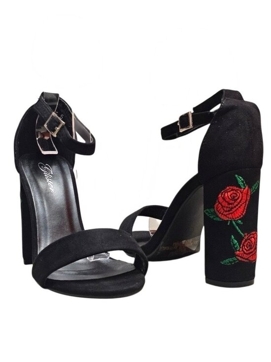 Shoes - Black Faux Suede Block Heel Sandals With Rose Embroidery & Ankle Strap